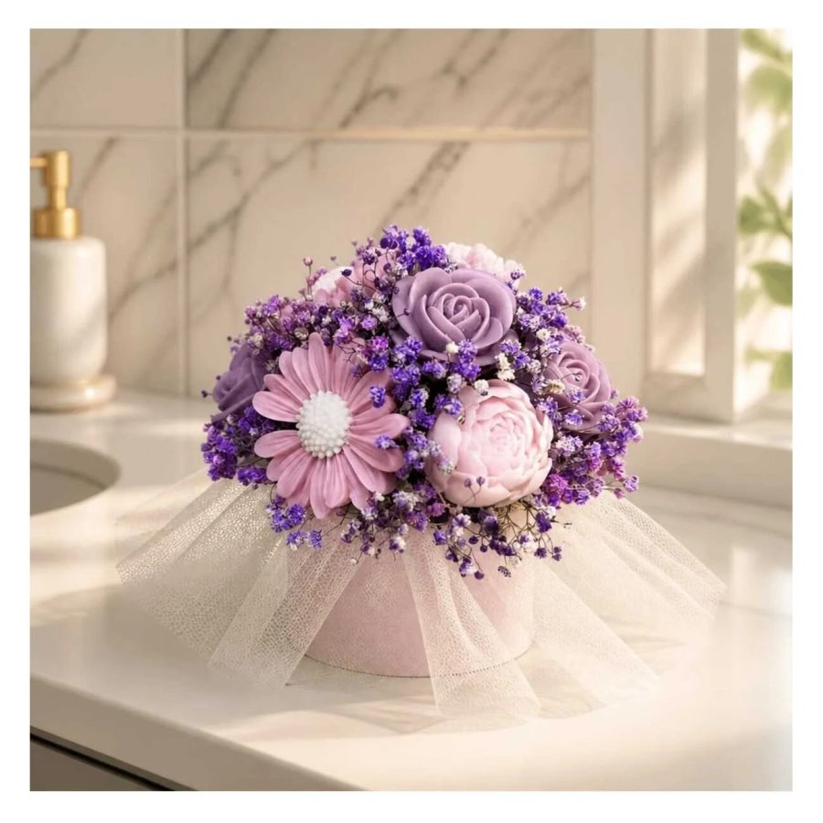 VICTINY® Aranjament floral din flori de ceara naturala, parfumata si flori naturale uscate