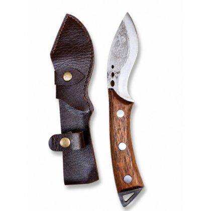 Cutit de jupuit Profesional, Lama Forjata din Otel Carbon, Maner Ergonomic din Lemn si teaca din imitatie piele maro
