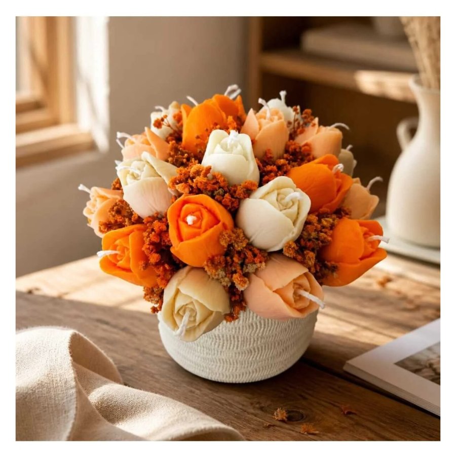 Aranjament floral VICTINY®, 15 lalele din ceara de soia, parfumate, flori uscate, cutie