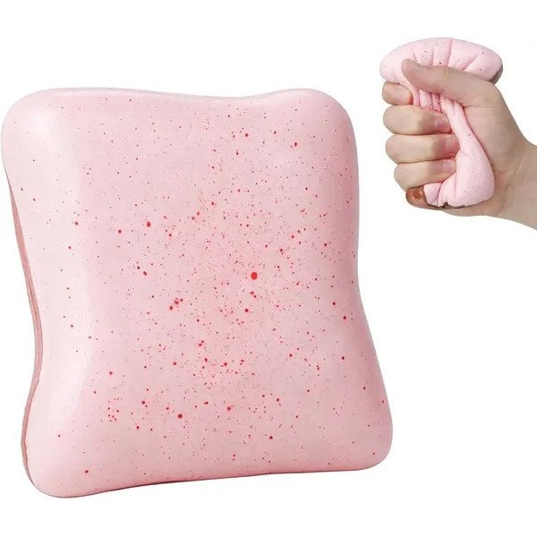 Jucarie squishy antistres din PU, model paine cu unt, revenire lenta, parfumat, roz cu pete rosii, 1 bucata