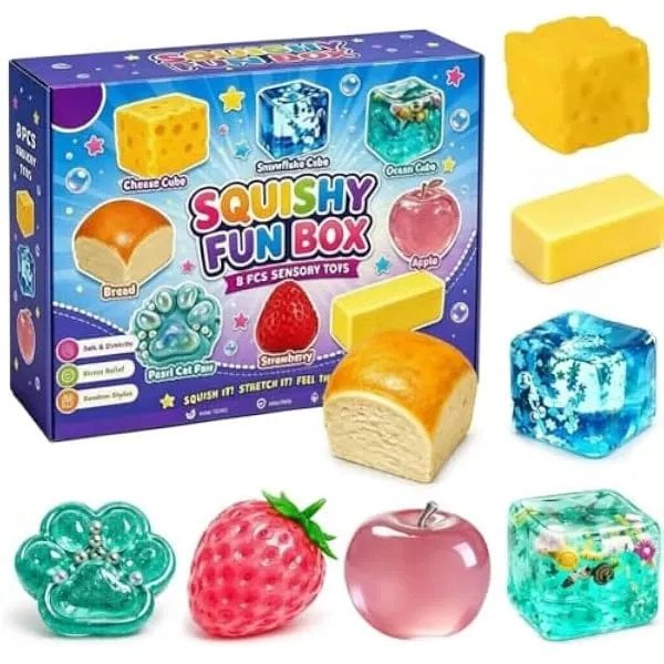 Set de 8 squishies senzoriale Mystery Fun Box K0569-260805-1956-AMC, revenire lenta, anti-stres, forme diverse (branza, paine, capsuna, mar etc.), multicolor