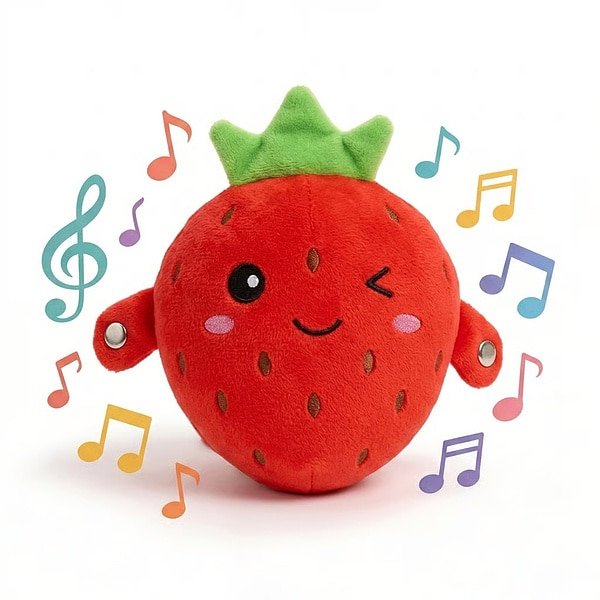 Jucarie de plus muzicala, Jojoy, FRUITMELLO Capsuna, 22x12x18cm, material ultra moale, interactiva