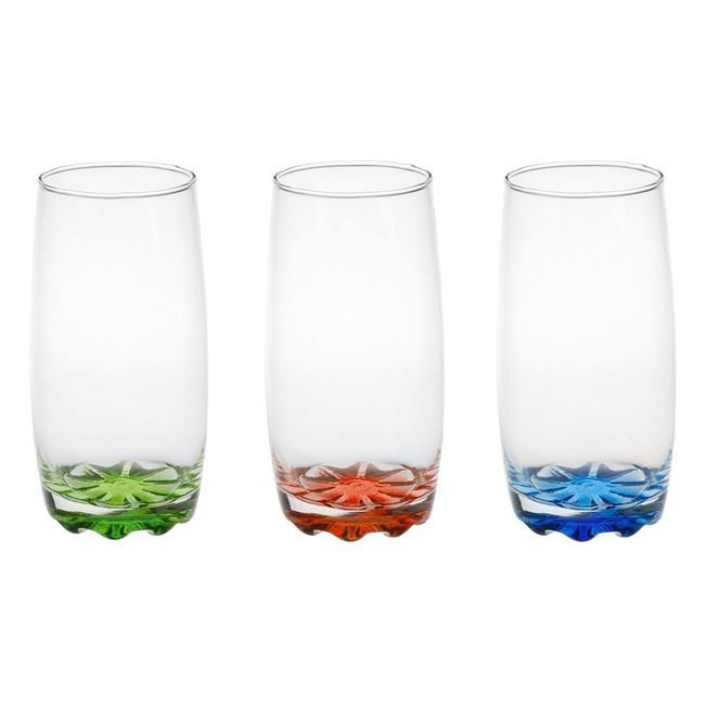 Set 3 Pahare din Sticla Transparenta cu Baza de Diferite Culori pentru Apa 369ml