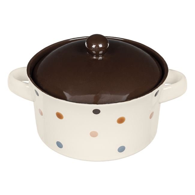 Bol Ceramic Bej cu Buline Colorate Manere & Capac Maro pentru Supa 650ml