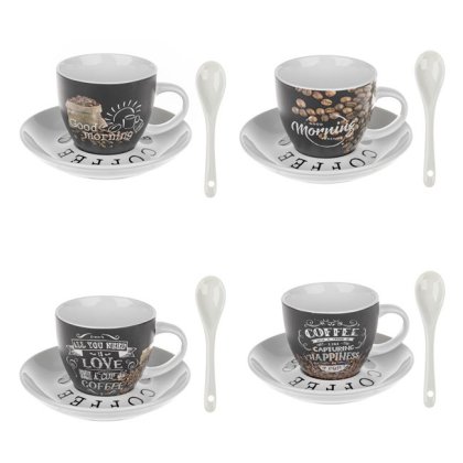 Set 4 Cesti Cafea din Portelan Model Coffee cu Farfurii & Lingurite 180ml