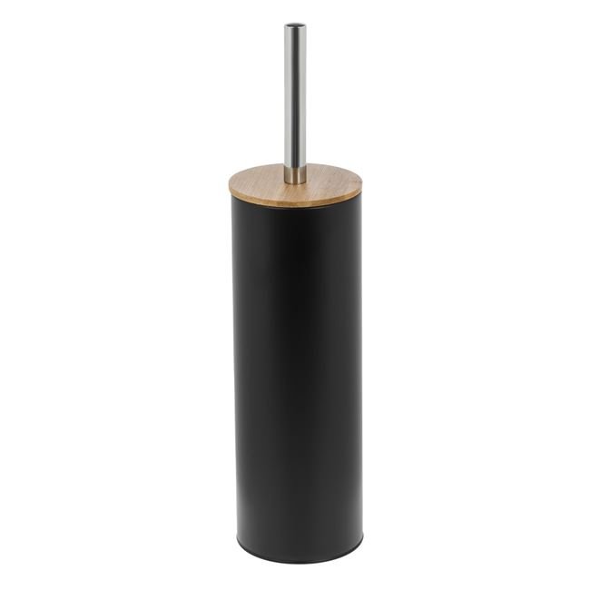 Perie WC Metalica Neagra cu Capac din Bambus 39cm