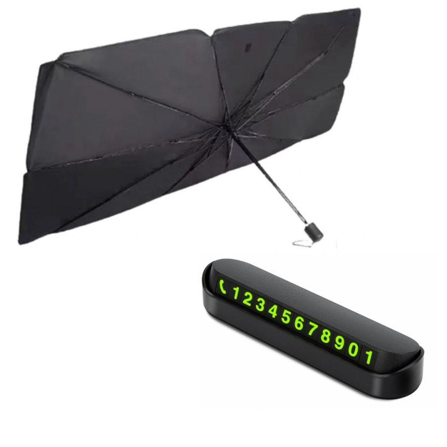 Parasolar Auto Pliabil, pentru Masina, in Forma de Umbrela, pentru golf, hacthback,145 x 79 cm, Rezistent UV, Negru-Argintiu