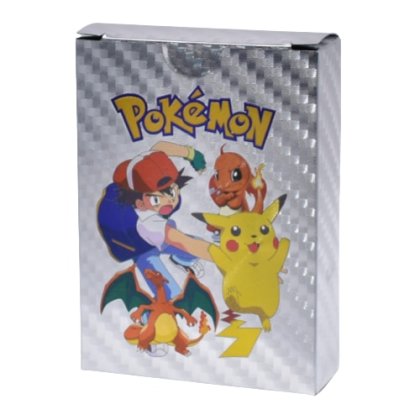 Pachet carti de joc Pokemon, 55 carti, VMax, Hologram, Silver
