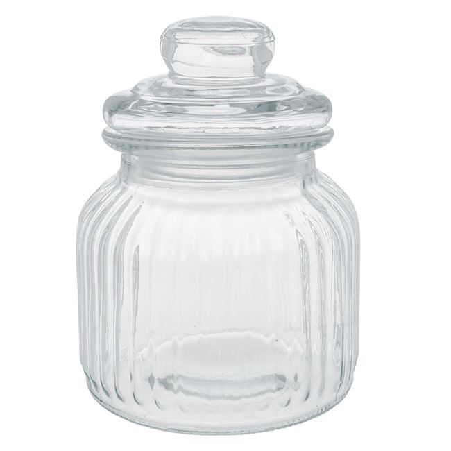Borcan pentru Dulciuri din Sticla Transparenta cu Design in Relief cu Dungi si Capac 640 ml
