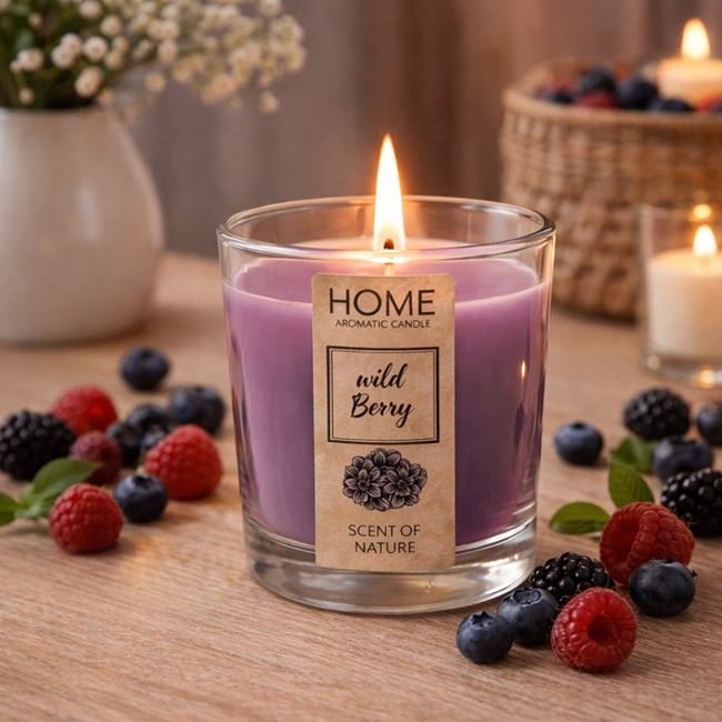 Lumanare Parfumata Lila cu Aroma de Fructe de Padure in Recipient de Sticla Ø5x6.5cm