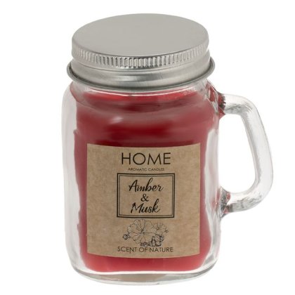 Lumanare Rosie cu Aroma de Mosc & Chihlimbar in Recipient din Sticla cu Capac Metalic 5.3x8.5cm