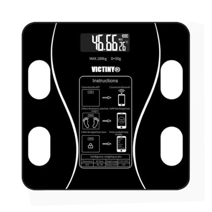 Cantar Electronic Inteligent VICTINY® Aplicatie Smart, Corporal, Ecran Digital Iluminat, Termometru, Suporta Maxim 180 Kg, Negru
