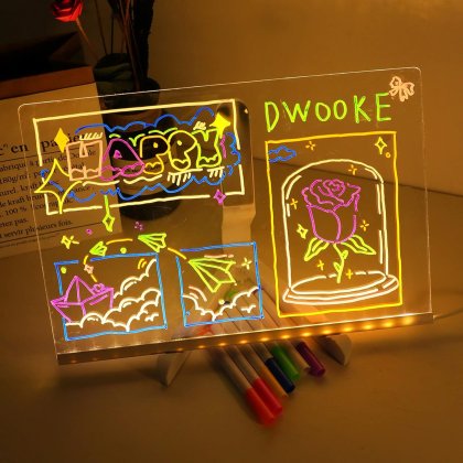 Tabla notite LED acrilic,20x30cm, multicolor cu 7 markere si suport, acrilic transparent