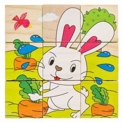 Cuburi din Lemn Puzzle Animale de la Ferma (9 Piese) 10.3x10.3x3.5cm
