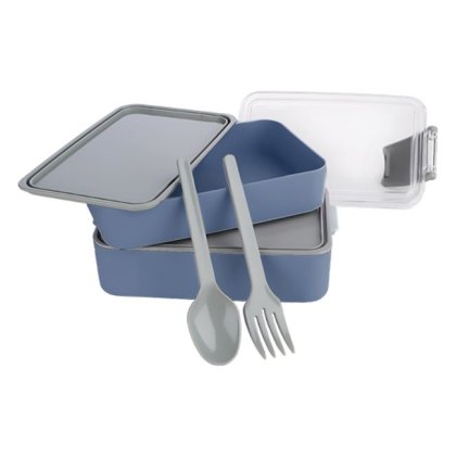 Caserola Alimente Dubla Albastra Gri cu Furculita & Lingura 400+500ml