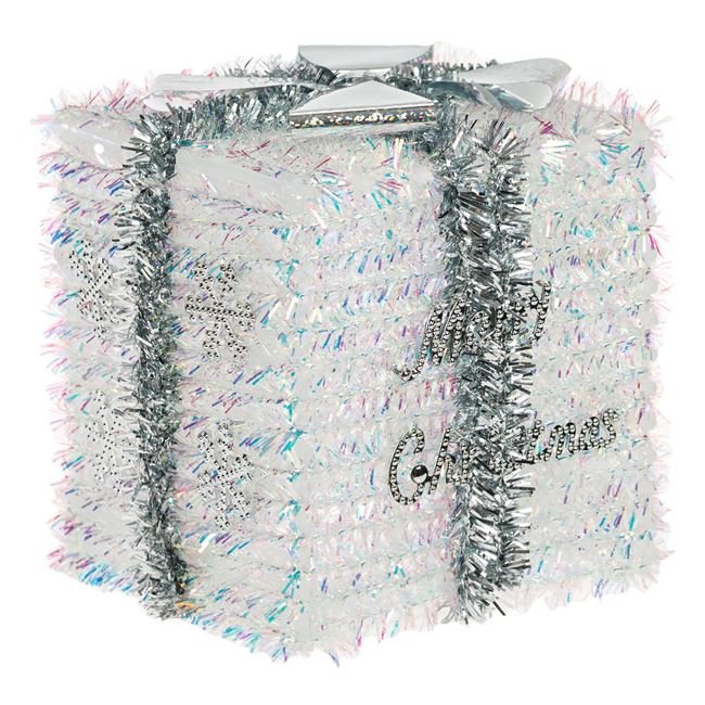 Decoratiune de Craciun Cadou cu Beteala Alba Funda Fulg Merry Christmas 13x13x13cm