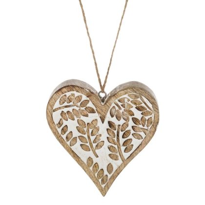 Inima Decorativa din Lemn Suspendata cu Model Sculptat Frunze 12.5x13cm