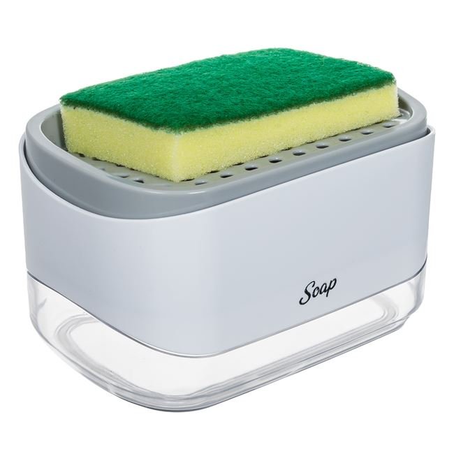 Dozator din Plastic Alb Gri pentru Detergent Lichid cu Suport Burete de Bucatarie & Burete 14x10x8cm