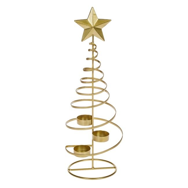 Suport Decorativ Metalic Auriu Spiralat pentru Lumanari tip Pastila cu 3 Compartimente 42cm