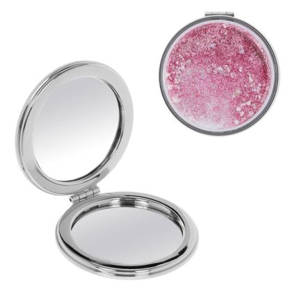 Oglinda de Buzunar Rotunda Dubla Argintie cu Glitter Roz 7cm