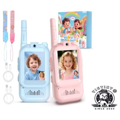 Set 2 statii Walkie Talkie Video VICTINY®, Camera HD, Albastru/Roz, pentru copii 3+ ani