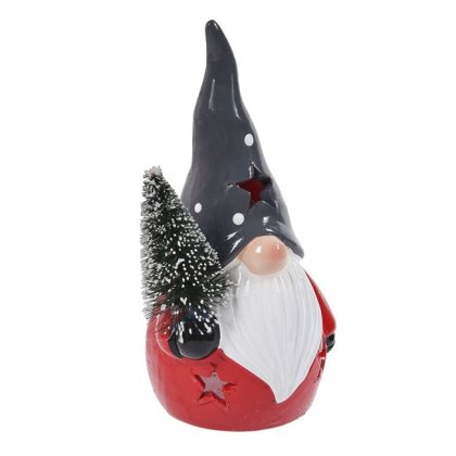 Felinar Ceramic de Craciun Figurina Gnome cu Brad pentru Lumanare Pastila 8x6x13cm