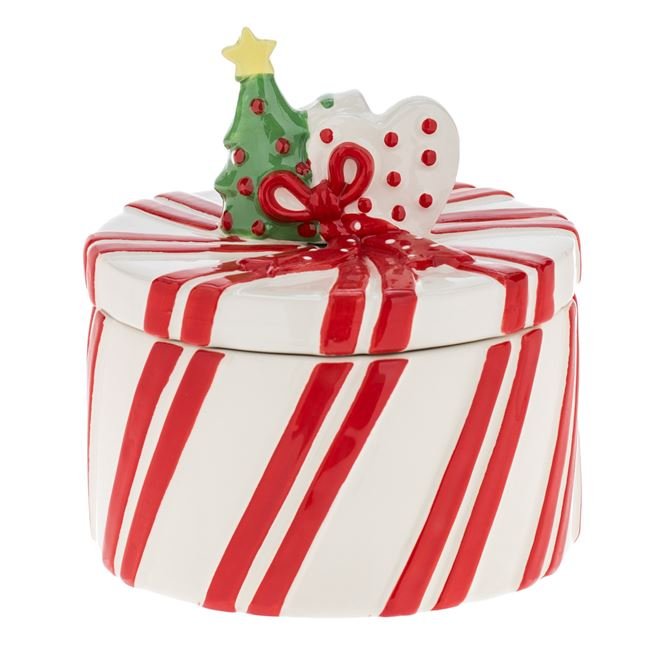 Recipient Ceramic pentru Biscuiti de Craciun Cadou cu Panglica Rosie Brad Ø16x19cm