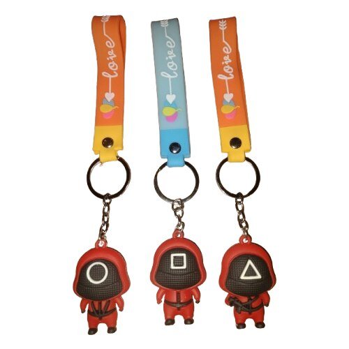 Set 3 jucarii, breloc Squid Game 3D VICTINY ® Soldatul Patrat, Soldatul Triunghi, Soldatul Cerc, Antistres, Rosu