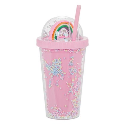 Pahar din Plastic cu Capac cu Pai Roz Confetti Rainbow 450ml