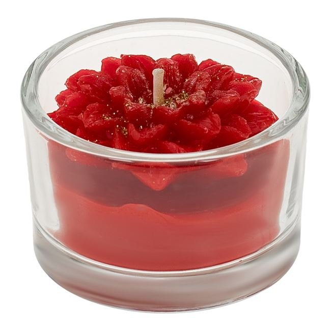 Lumanare Floare Craciunita Rosie cu Glitter Auriu in Pahar Ø5x3.2cm