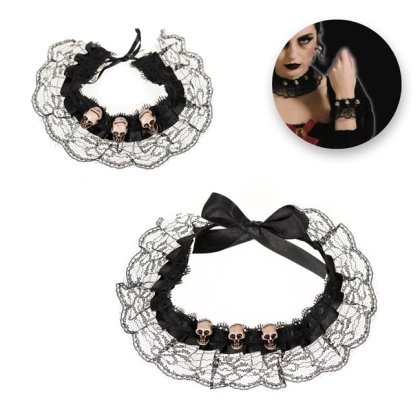 Set Accesorii Deghizare Gothic Colier Choker & Bratara Neagra cu Dantela Craniu - 2buc