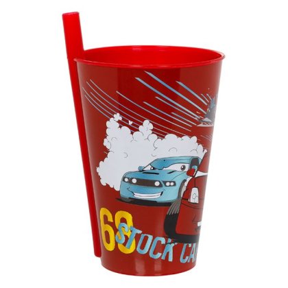 Pahar din Plastic cu Pai Incorporat Rosu Masinute 400ml