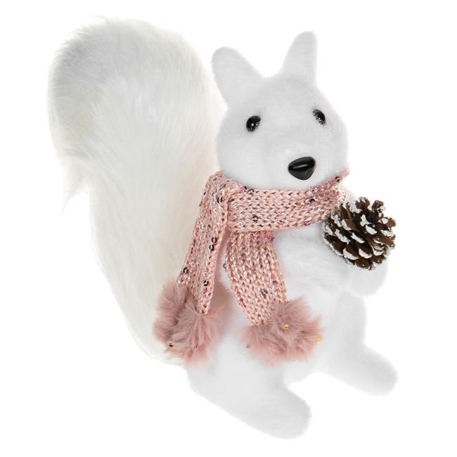 Figurina Decorativa de Craciun Veverita din Spuma Alba cu Fular Roz Blana & Con 18cm