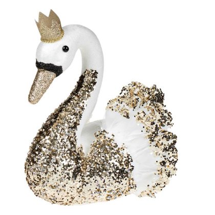 Figurina Decorativa de Craciun Lebana din Spuma Alba cu Glitter Auriu Coroana 23cm
