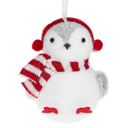 Ornament Brad de Craciun din Spuma Pinguin Alb cu Fular Rosu cu Dungi & Casti 13cm