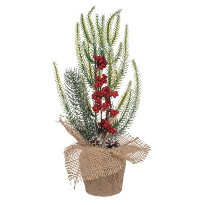 Decoratiune de Craciun Sac de Iuta cu Pomusoare Rosii Conuri Ramura de Pin 21cm