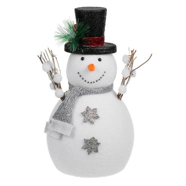 Figurina Decorativa de Craciun Om de Zapada din Spuma cu Fular Gri Glitter Argintiu Fulgi 37cm