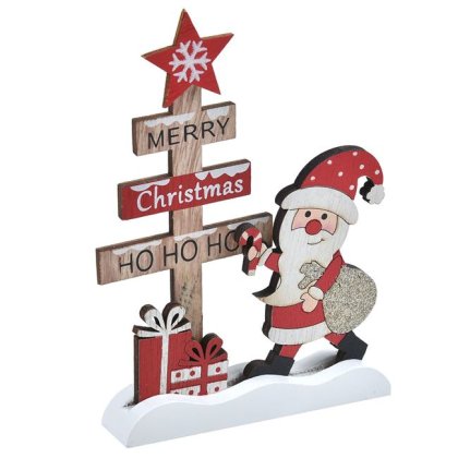 Decoratiune din Lemn cu Mos Craciun Brad Cadouri 16cm