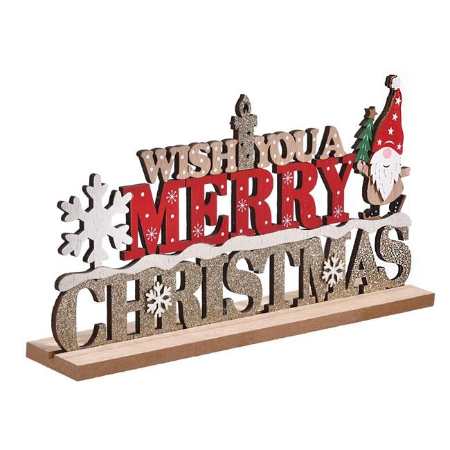 Decoratiune de Craciun Tablita din Lemn Wish You A Merry Christmas Gnome Fulg 29x15cm