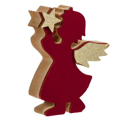 Decoratiune din Lemn de Craciun Ingeras Catifelat cu Stea Glitter 11cm