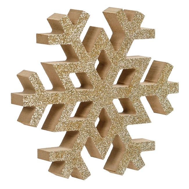 Decoratiune din Lemn de Craciun Fulg cu Glitter Auriu 14cm