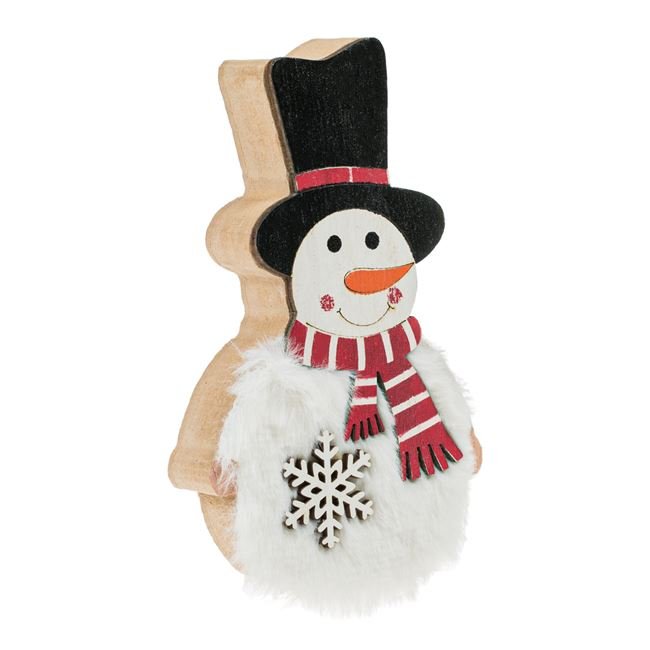 Decoratiune din Lemn de Craciun Om de Zapada cu Blana Fulg & Fular 13cm