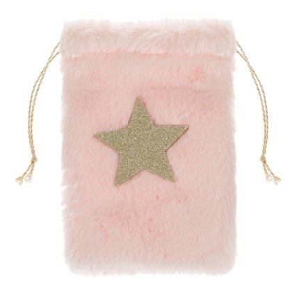 Saculet din Blana Roz cu Stea Aurie Glitter pentru Cadou de Craciun 13x17cm