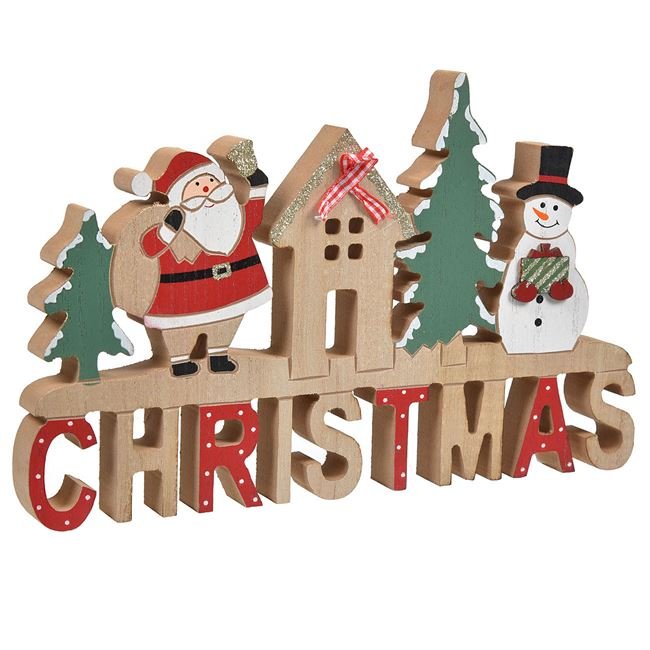 Decoratiune de Craciun Tablita din Lemn Christmas Mos Craciun Casa Om de Zapada 28x17cm