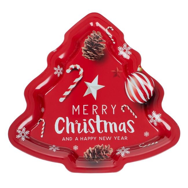 Platou Decorativ de Craciun Metalic Brad Rosu cu Globuri Conuri 31x30cm