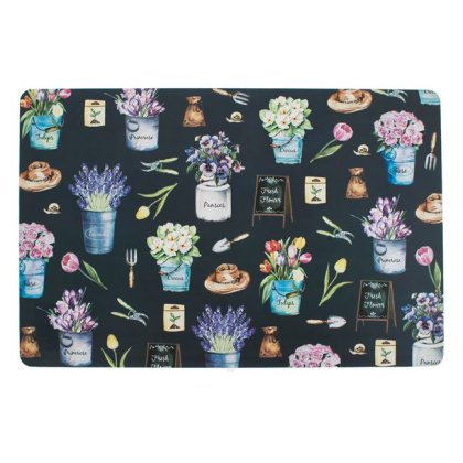 Suport Farfurie din Plastic Negru cu Model Ghivece & Flori Colorate 43.5x28.5cm