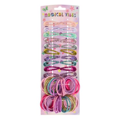 Set Accesorii Par cu 20 de Clame Metalice cu Glitter 5cm & 40 de Elastice de Culori Intense pentru Copii - 60buc