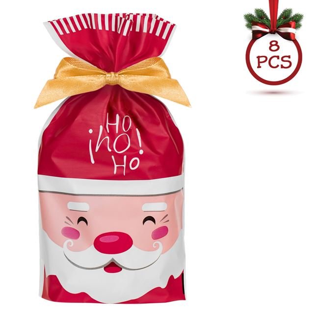 Pungi din Plastic cu Imprimeu Mos Craciun & Panglica pentru Dulciuri 15x23cm - 8buc