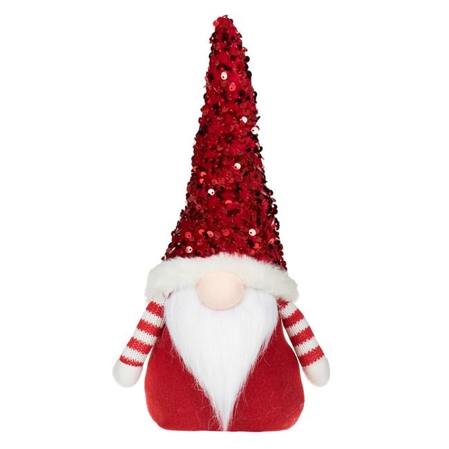 Figurina Decorativa de Craciun Gnome Asezat cu Corp Rosu Caciula Rosie Paiete 31cm