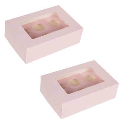 Cutii din Carton Roz cu Fereastra pentru 6 Cupcakes 24x17x7.5cm - 2buc